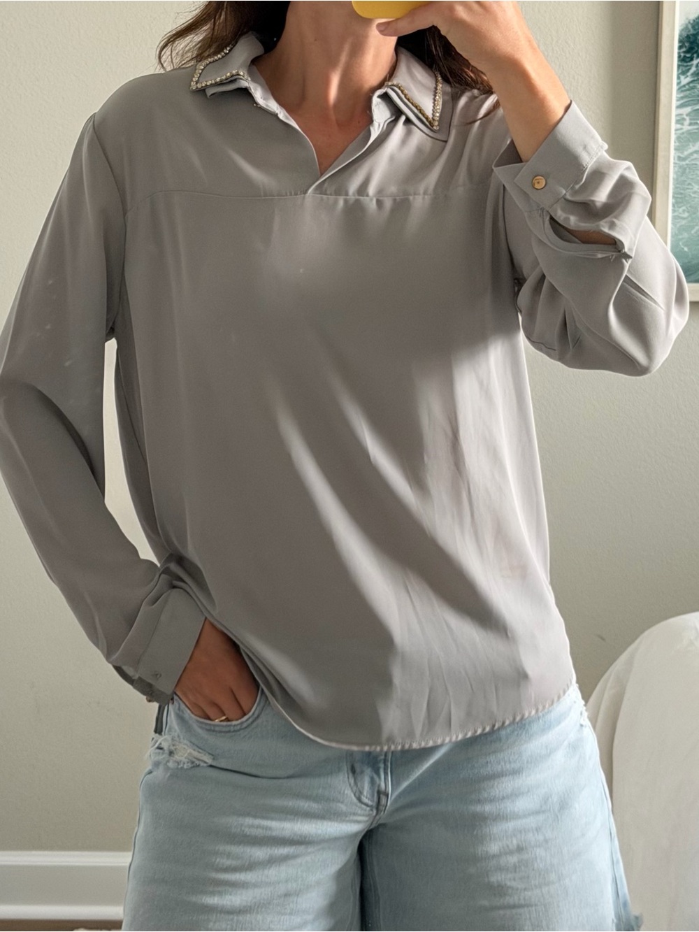 NIKA Light Gray Long-Sleeve Blouse with Embellished Collar